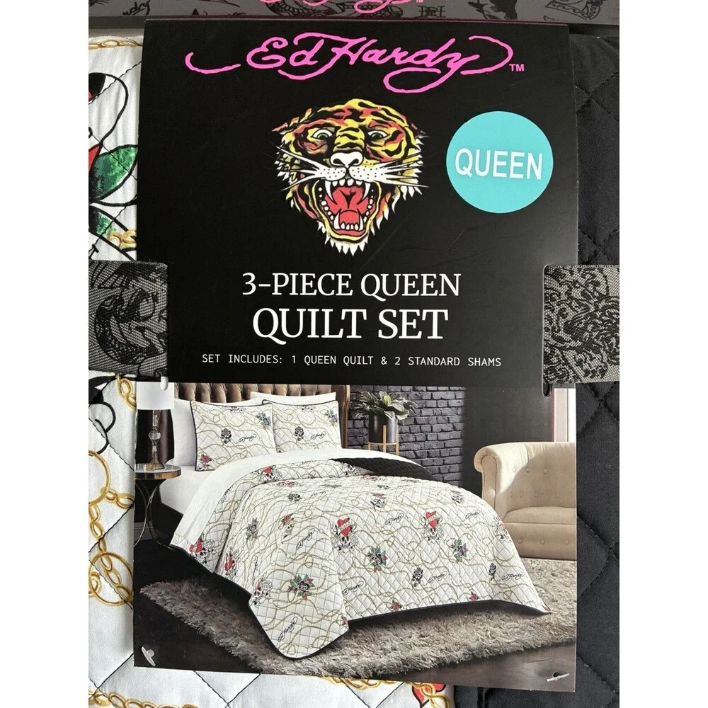Ed Hardy Queen Quilt Set 3 Piece Queen Bedding Skull Heart Roses New
